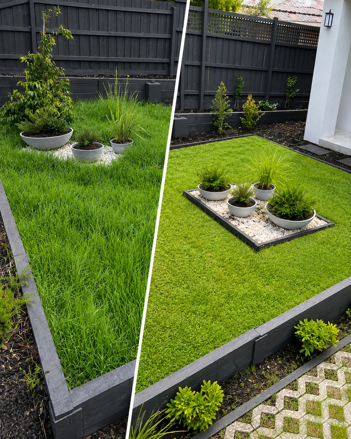 Before and after lawn makeover by Landscaping By Mario — transforming an overgrown garden into a neatly manicured lawn with raised garden beds, gravel borders and paved walkway. Complete outdoor transformations across Melbourne's eastern suburbs.