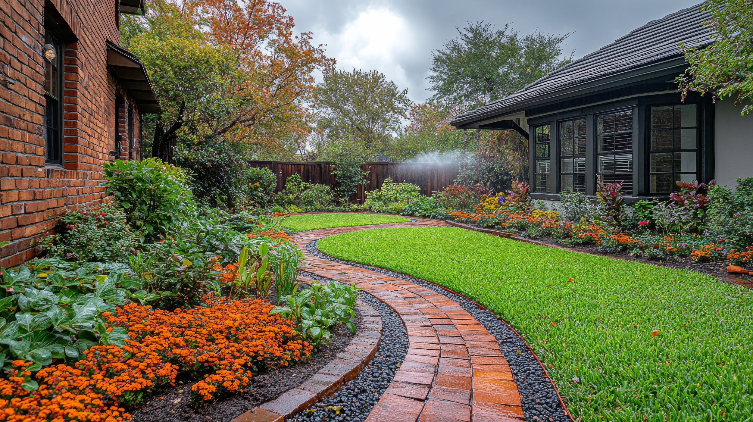 A well-maintained backyard garden with a curved brick pathway, lush green lawn, colorful flowers, and trees with fall foliage. There are brick and black-framed house walls on either side, and a sprinkler is watering the plants.
