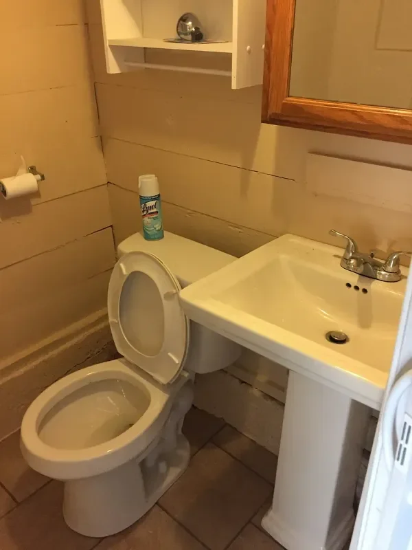 Small bathroom with a toilet and a white porcelain sink, a can of Lysol disinfectant spray on the toilet tank, a toilet paper roll on the wall, wooden wall paneling, a shelf above the toilet, and a mirror on the wall.