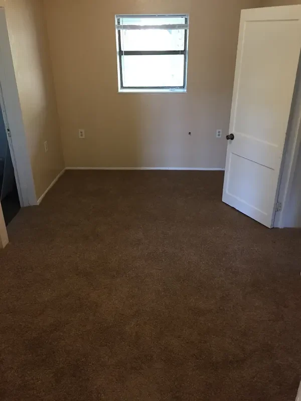 Empty room with beige walls, a window, a white door, and brown carpet flooring.