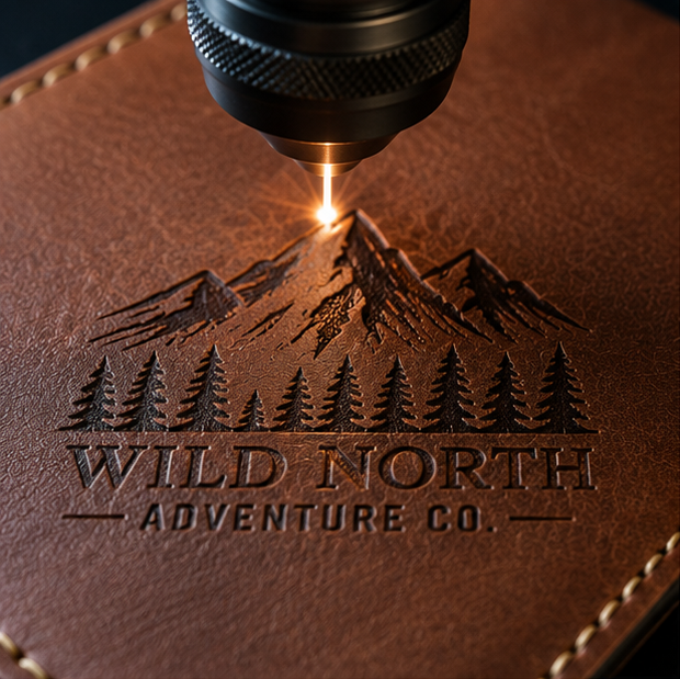 A laser is engraving a mountain landscape and the words "WILD NORTH ADVENTURE CO." onto a brown leather surface.