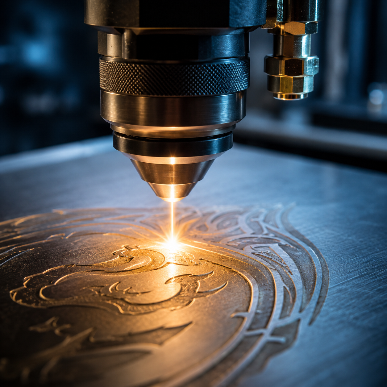 Close-up of a laser engraving machine etching a design onto a metal surface.