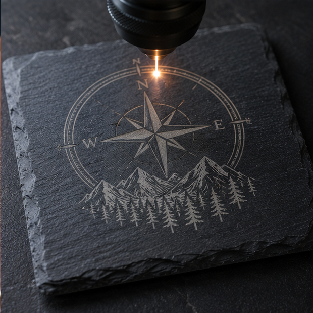 Laser engraving a compass and mountain landscape on a slate stone.