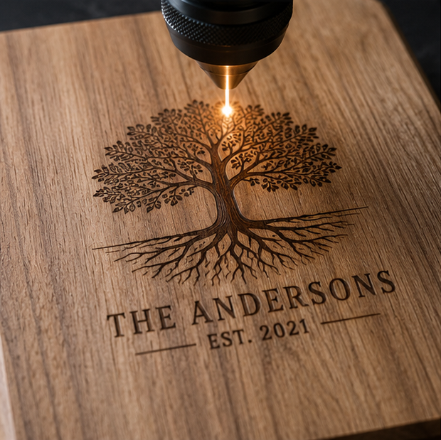 A wood engraving of a tree with roots, with the text 'The Andersons' and 'Est. 2021' underneath, being laser engraved.