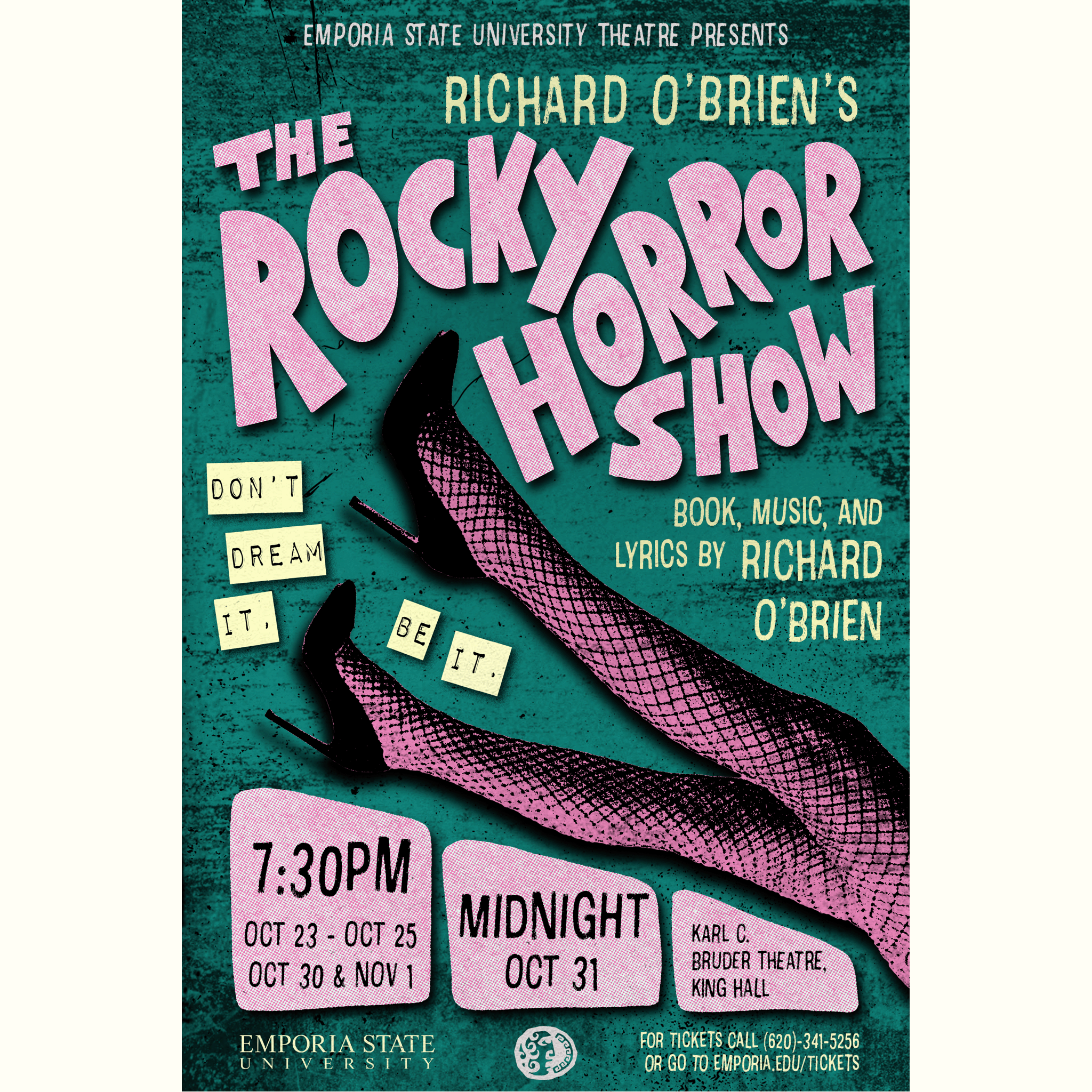 Poster for a theater production of 'The Rocky Horror Show' presented by Emporia State University Theatre. Details include event dates, times, and locations, with a green and pink color theme and artistic text and illustrations.