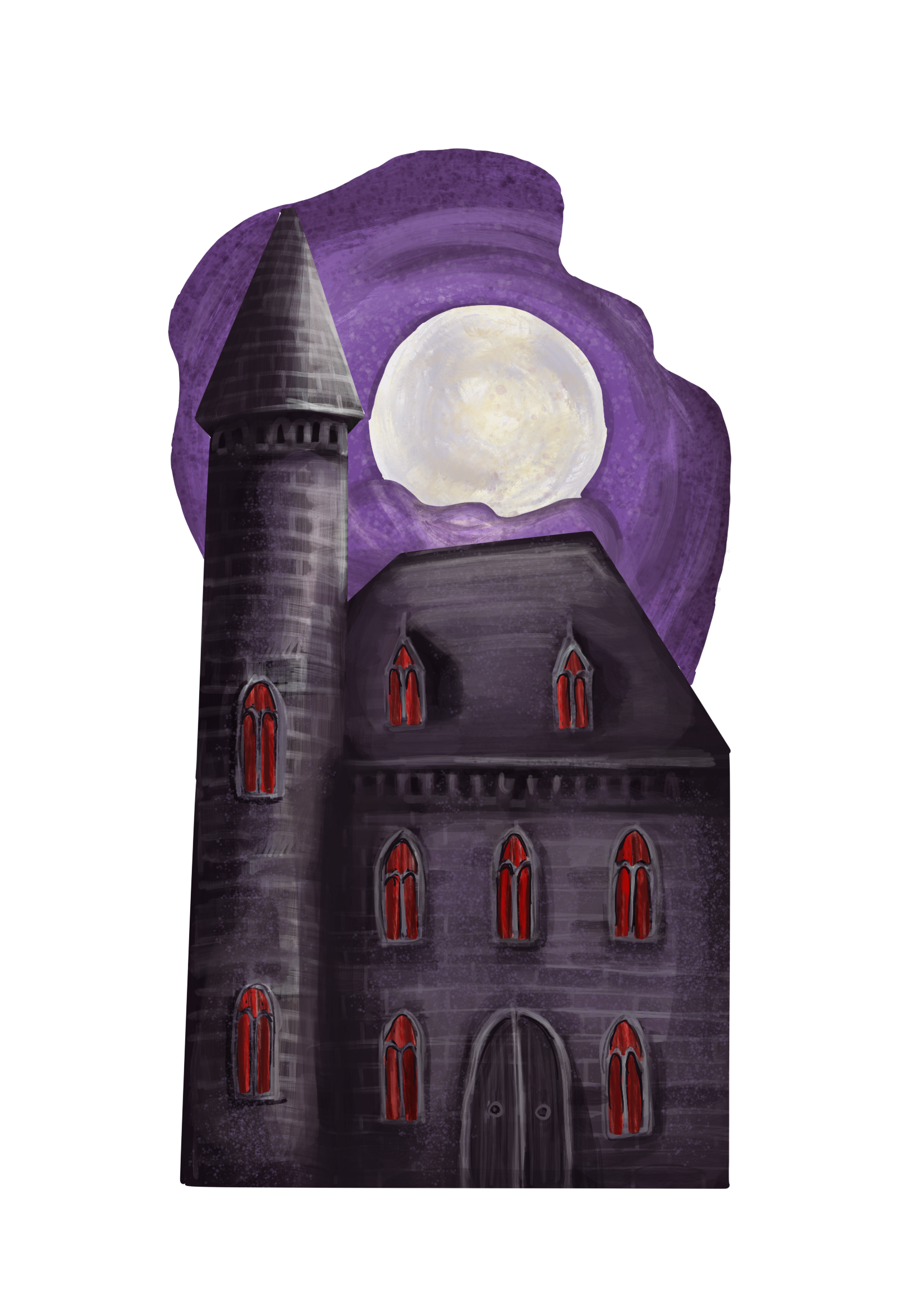 Dark castle with pointed tower, red-lit gothic windows, large arched door, and purple moonlit sky in background.