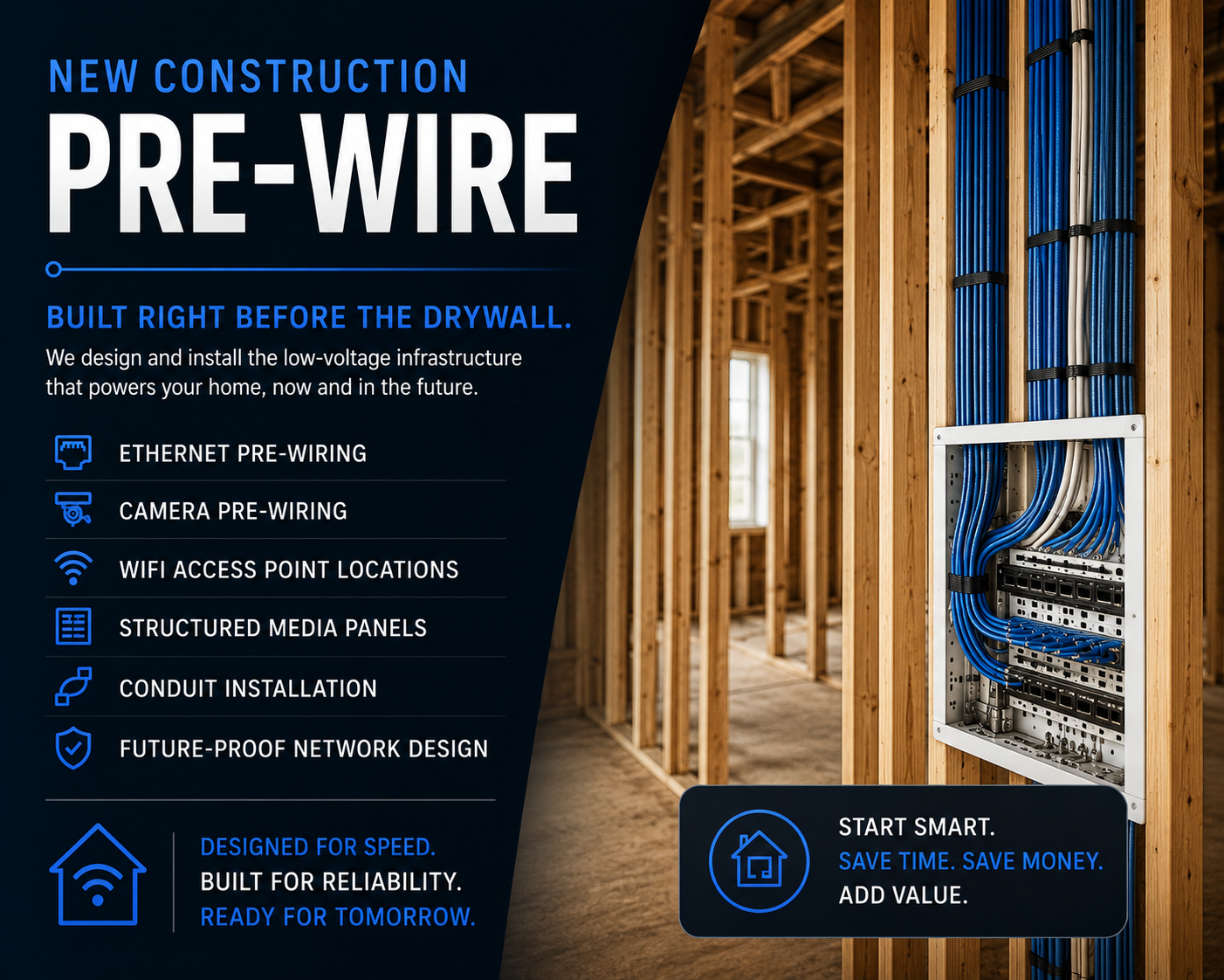 Professional new construction pre-wiring for residential and commercial properties, including Ethernet, security cameras, Wi-Fi access points, structured media panels, and future-ready low-voltage infrastructure by PeakWire Systems.