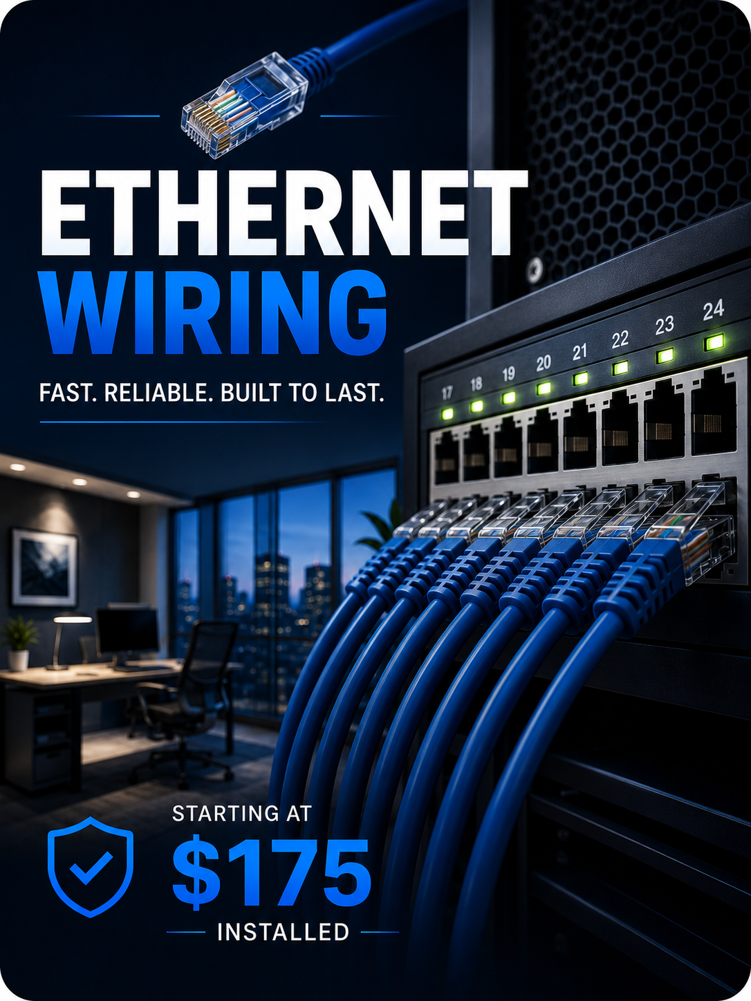 Professional Ethernet cabling installed in a network switch for residential and commercial networking by PeakWire Systems.