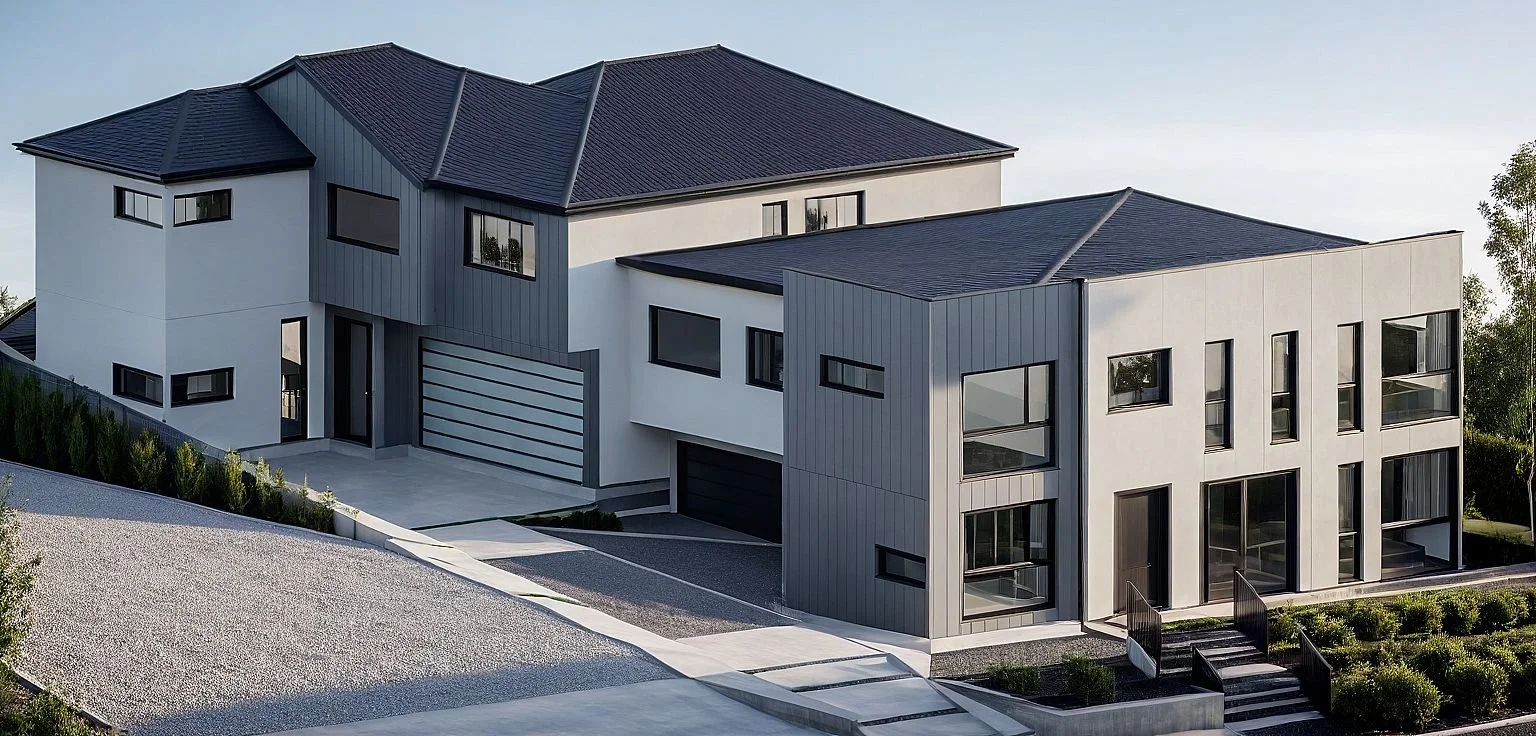 Modern multi-story house with white and gray exterior, flat and gabled roofs, large windows, and landscaped front yard.