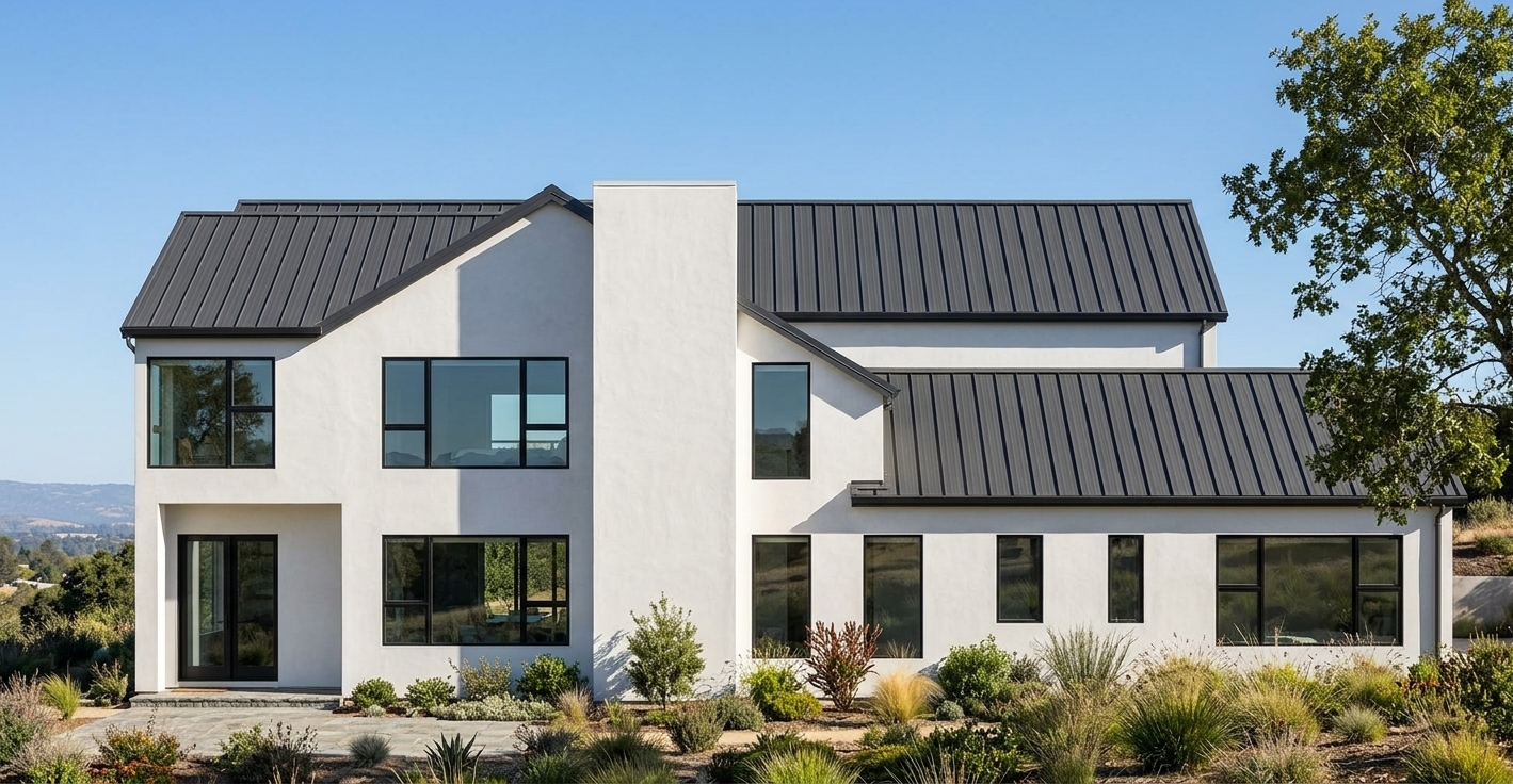 Modern two-story white house with black metal roof and large windows, surrounded by shrubs and trees in a landscaped yard, under a clear blue sky.