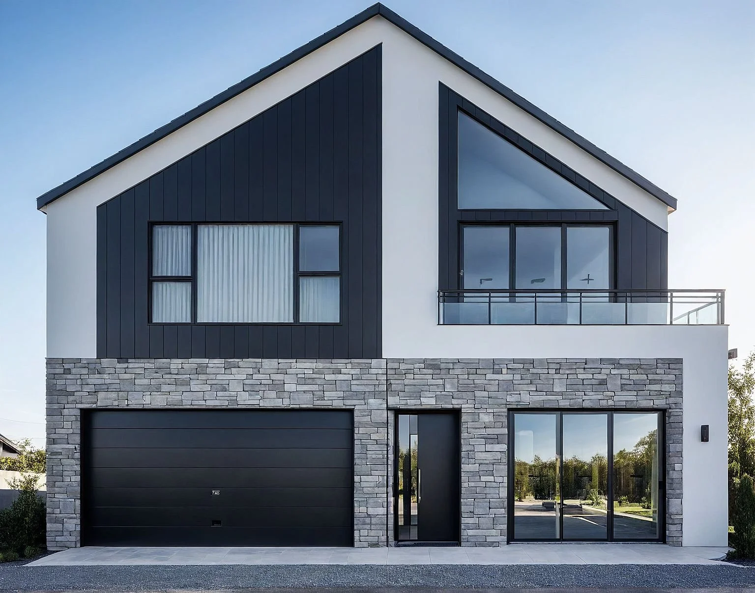 Modern two-story house with a black garage door, stone facade, large windows, and balcony, under a clear sky.