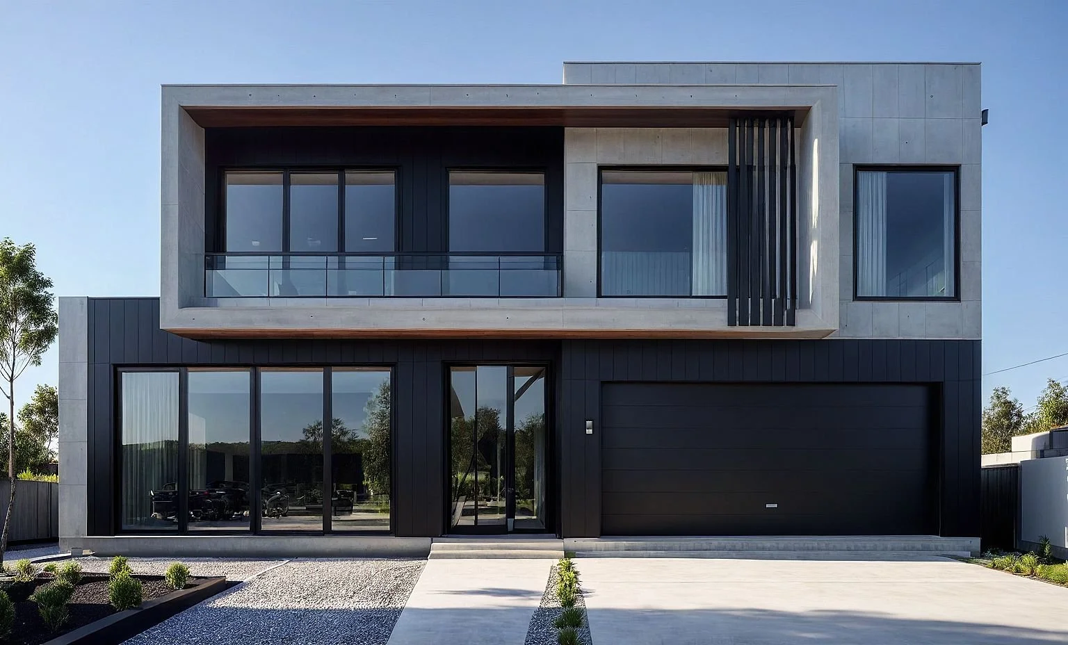 Modern two-story house with black and gray exterior, large windows, a balcony, and a driveway leading to a garage.