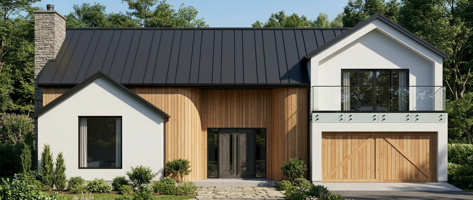 Modern house with a black metal roof, white and wooden exterior walls, and a glass balcony. There are shrubs and plants in front, with a stone walkway leading to the entrance. Surrounding trees are visible in the background.