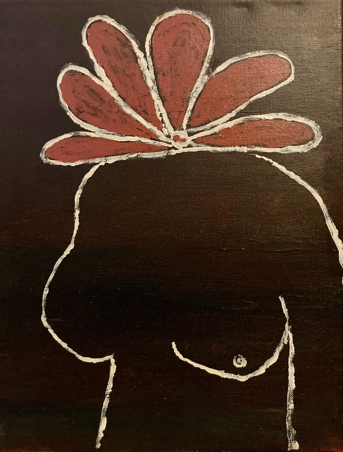 A chalk drawing of a red flower with white outlines on a black background.