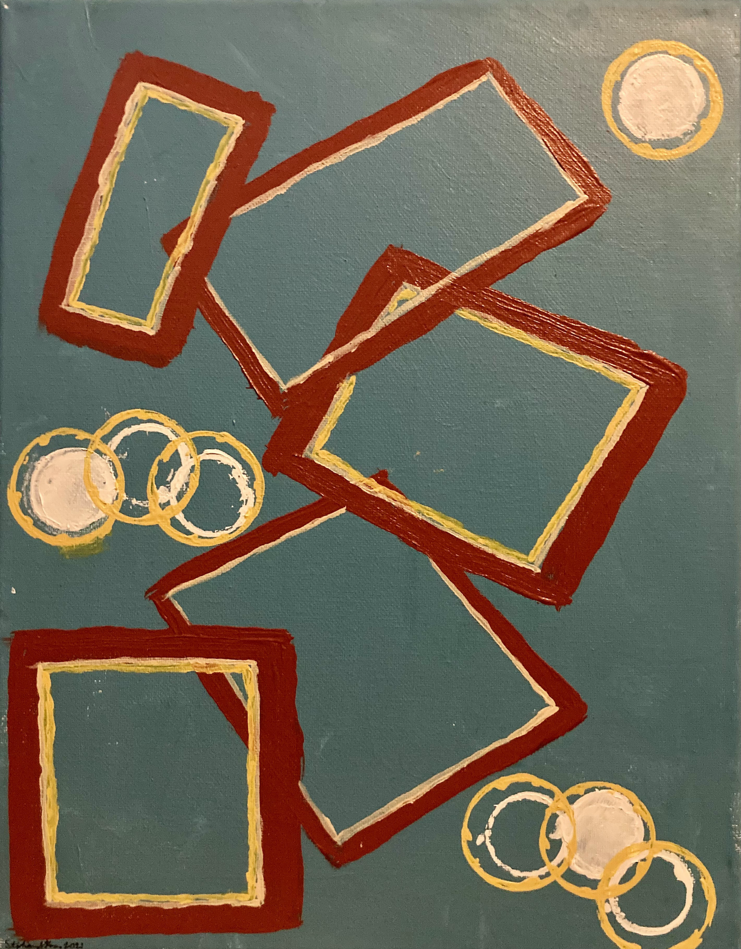 An abstract painting featuring rectangular shapes outlined in red with yellow and white details, set against a teal background. Several yellow and white circles are also present in the upper right and lower right corners.
