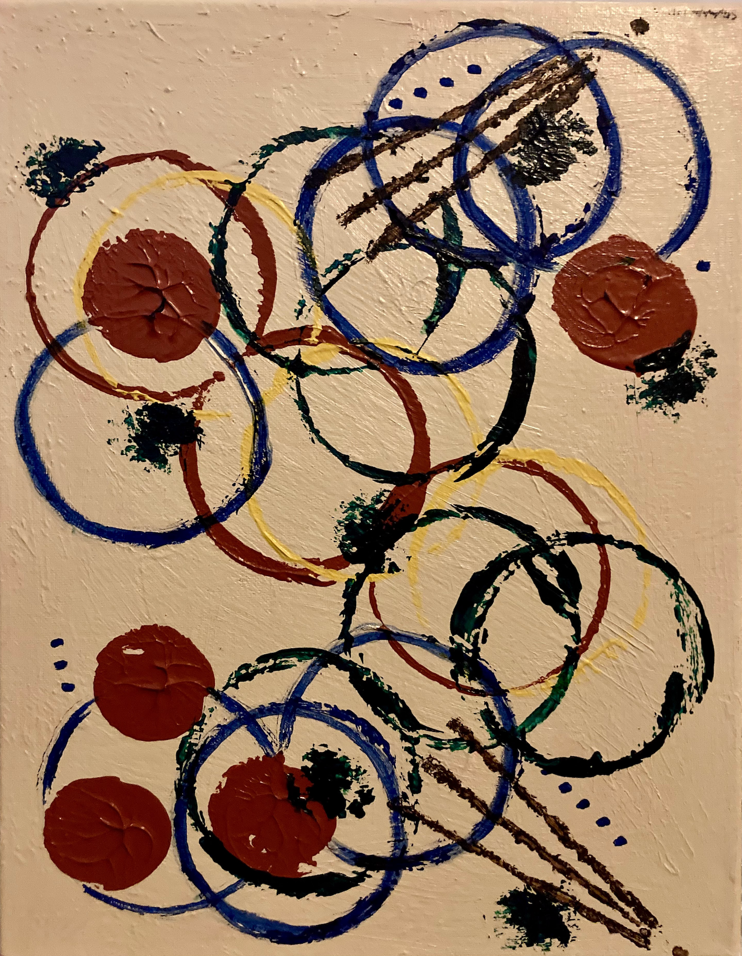 Abstract painting with concentric circles in red, blue, yellow, black, and green on a beige background, with black and green textured patches.