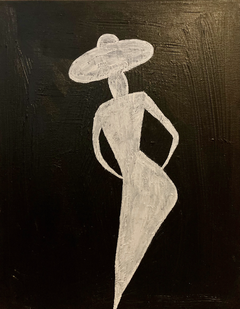 A minimalist painting of a woman in a long dress and wide-brimmed hat, all rendered in white against a black background.
