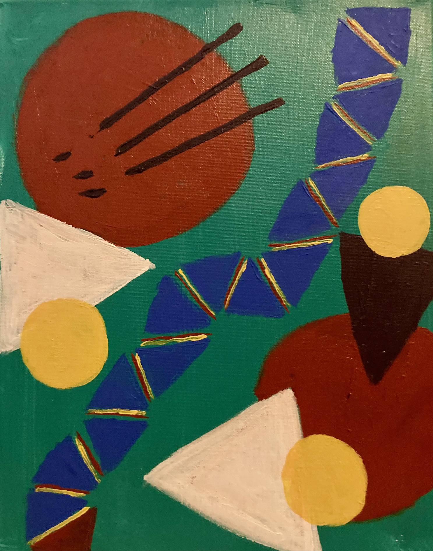 Abstract painting featuring large red and white circle shapes, blue triangular shapes with yellow and red outlines, and yellow circles against a green background.