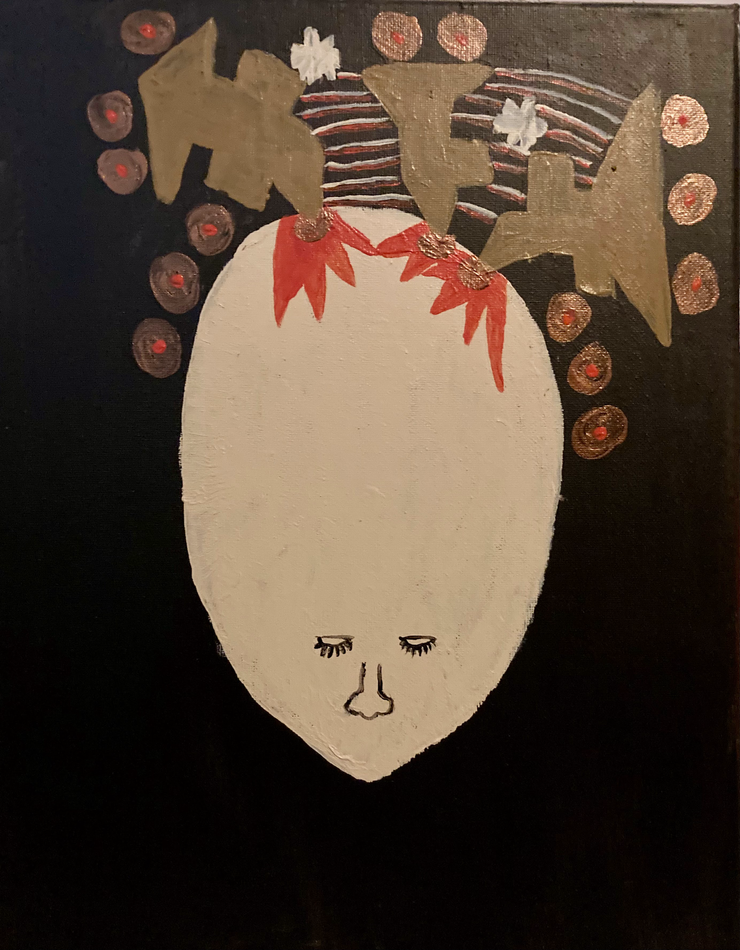 A painted artwork of a stylized, minimalist female face with closed eyes and long lashes, painted in black on a light background, set against a dark background with decorative gold and red accents and patterned headgear.