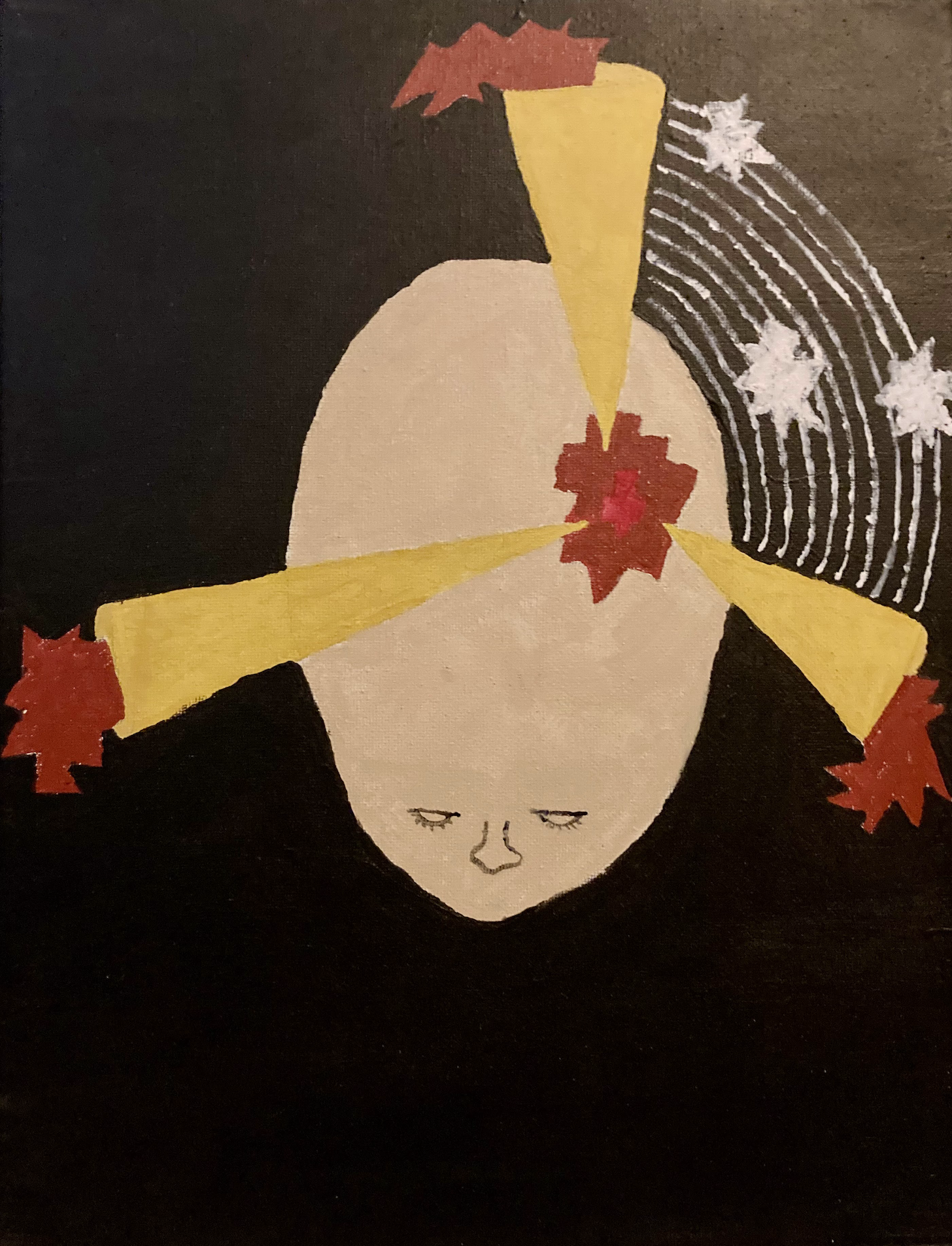 A stylized illustration of a person's face upside down with eyes closed, with a black background. The person's hair features red maple leaves, and there are white star-like shapes and curved white lines near the head.