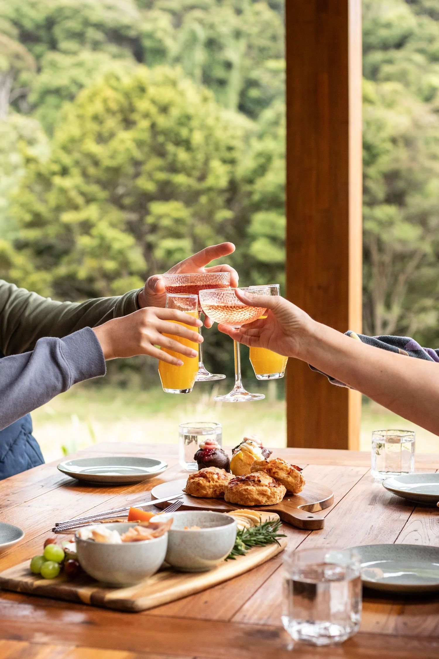 People raising glasses with drinks in a toast at a table set with food and desserts, overlooking a green outdoor landscape.