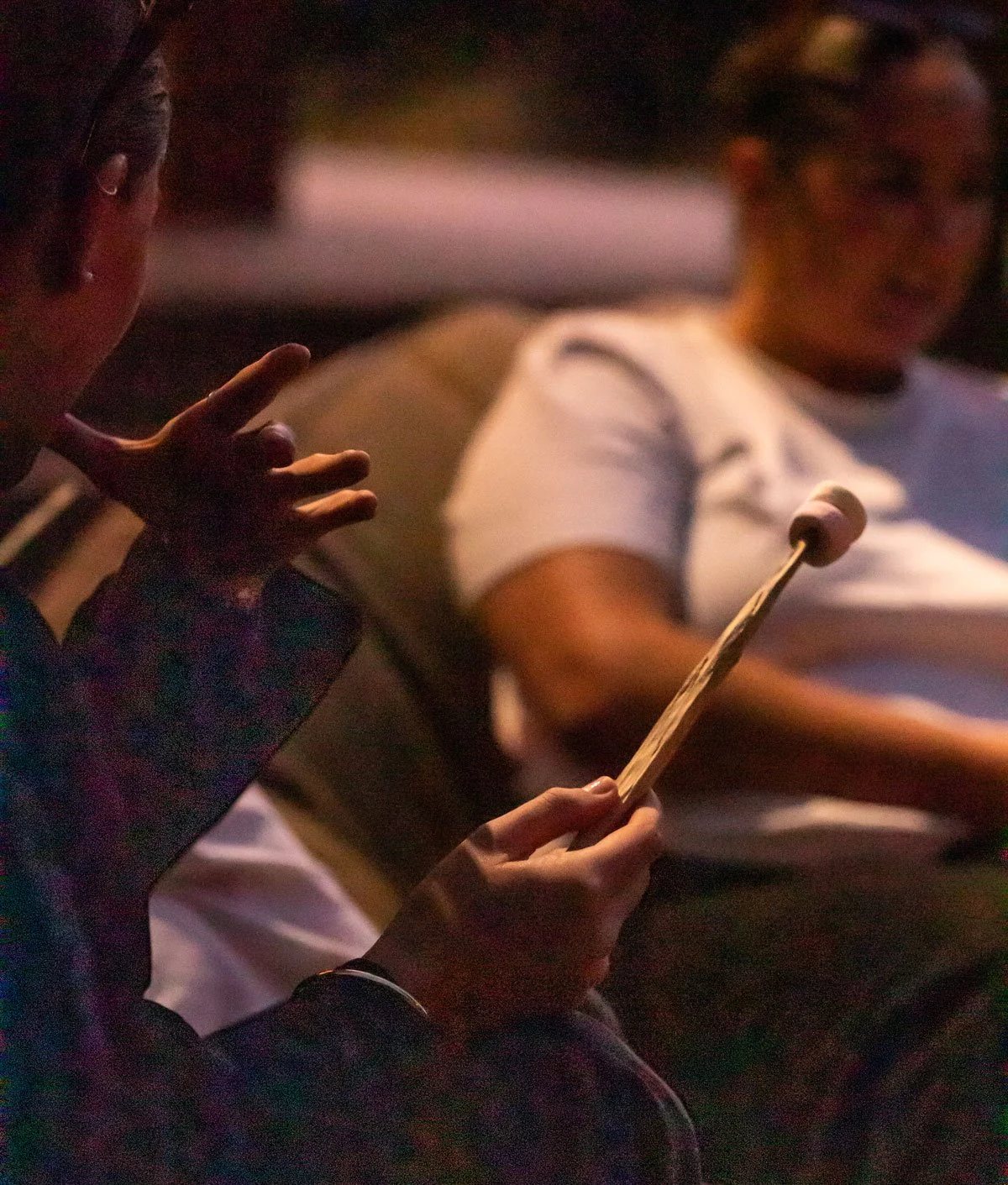 Two women sitting and conversing in a dimly lit setting, with one woman holding a long stick with a rounded tip, possibly a microphone or recording device.
