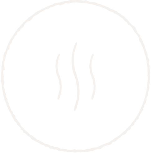 A simple, minimalist black and white drawing of a steaming bowl of soup or hot beverage.
