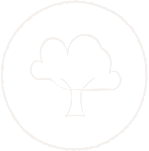 Hand-drawn white tree inside a circle on a black background.