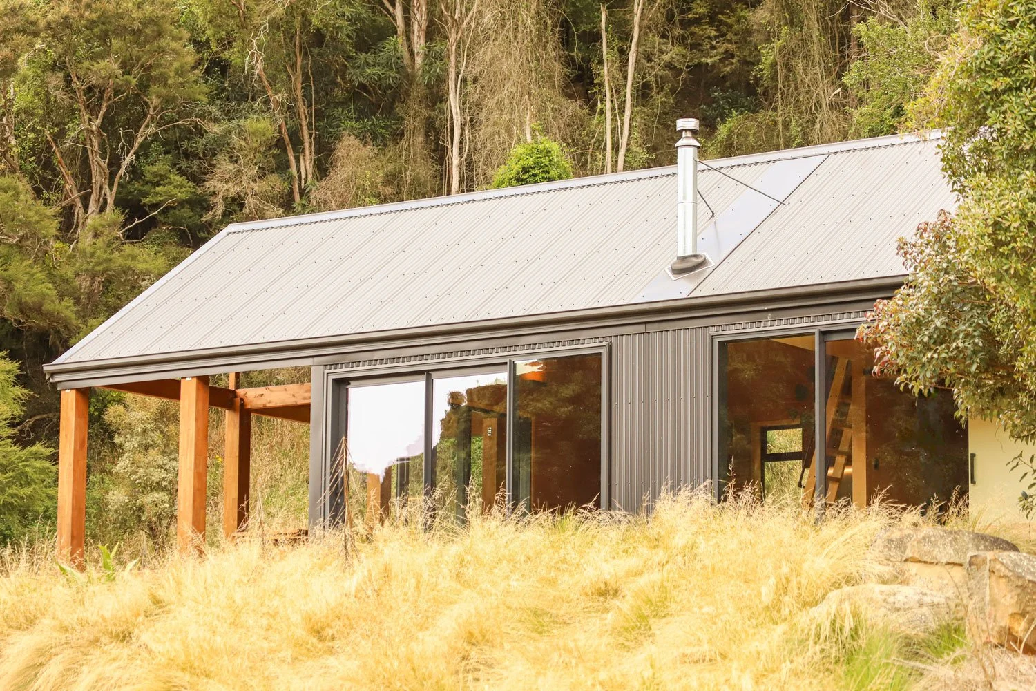 Modern house with metal roof and large glass windows, surrounded by trees and dry grass, located on a hillside.