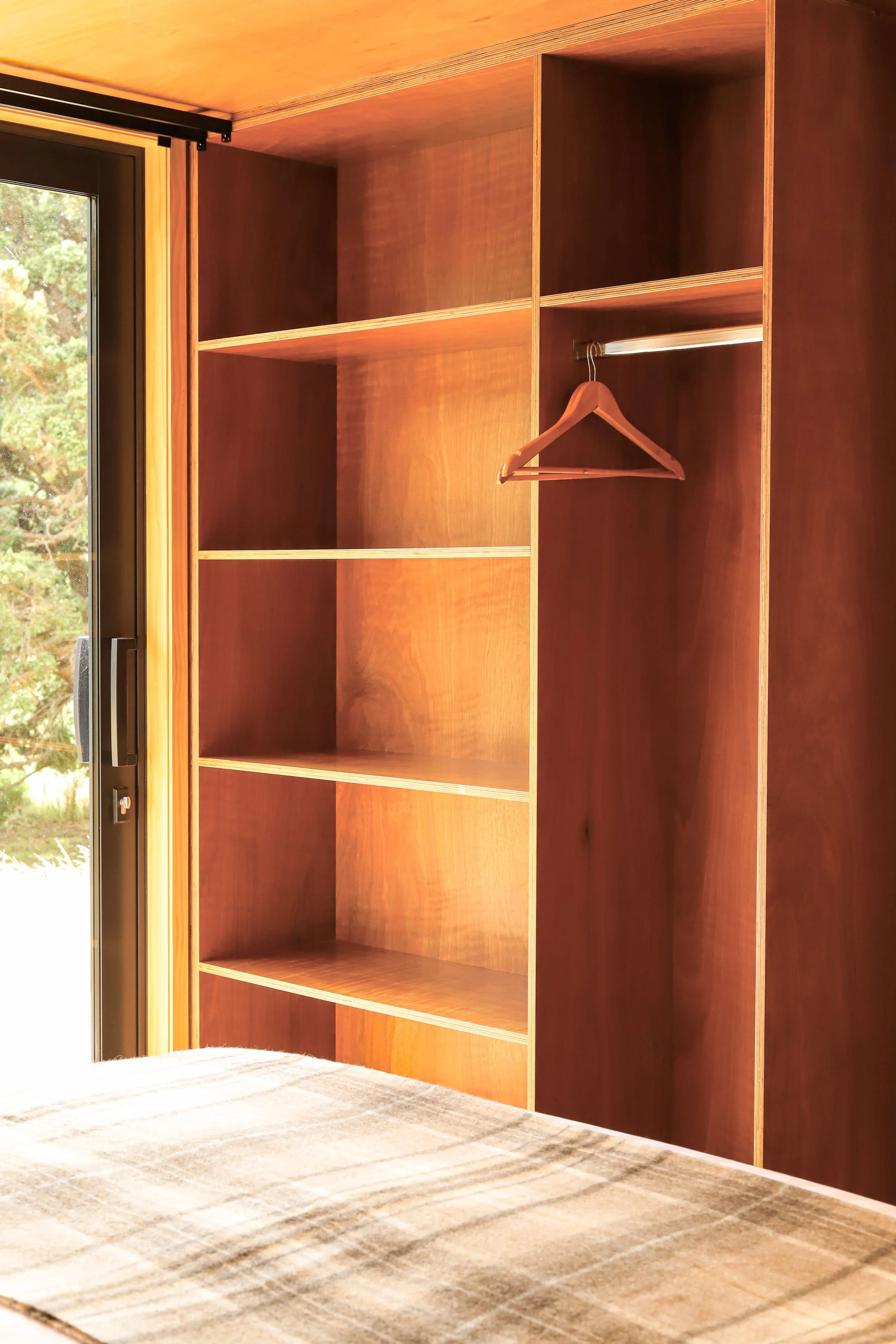 Empty wooden closet with a single wooden hanger, located next to a glass door with greenery outside, and a beige carpeted floor.