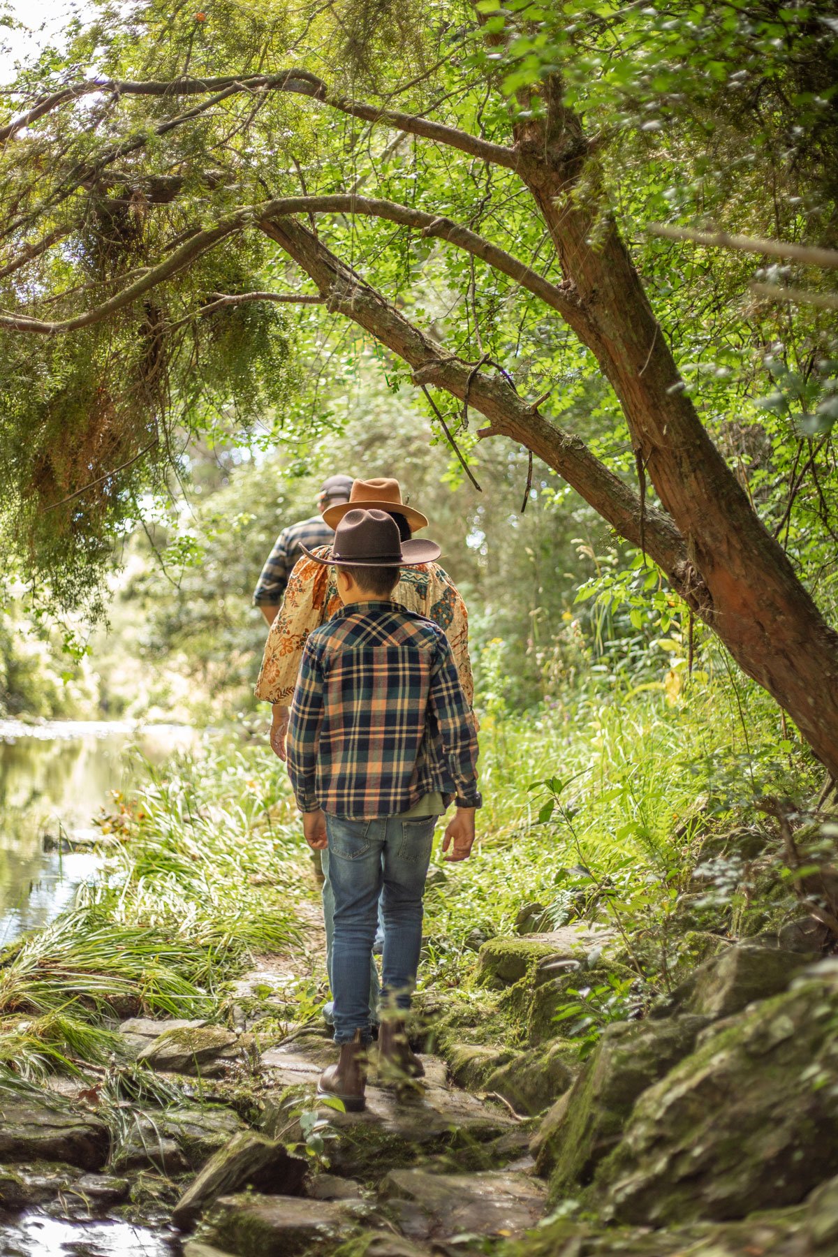 A group of four people walking the Hidden Loop trail through a lush, green forest near a small creek during daytime. The people are dressed in casual outdoor clothing, including hats and plaid shirts, and are seen from behind.