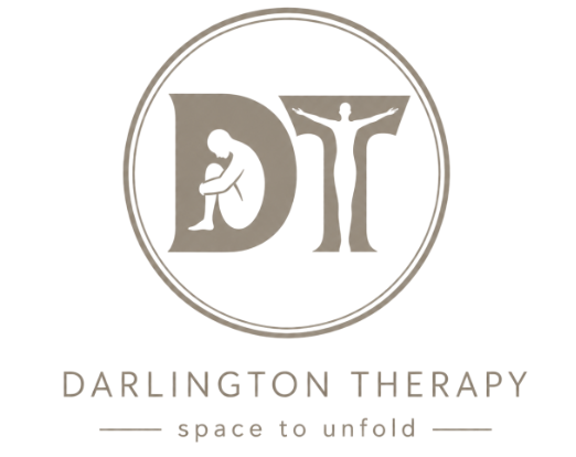 Darlington Therapy logo with a seated person, a human figure with outstretched arms, and the text 'Darlington Therapy' and 'space to unfold'.