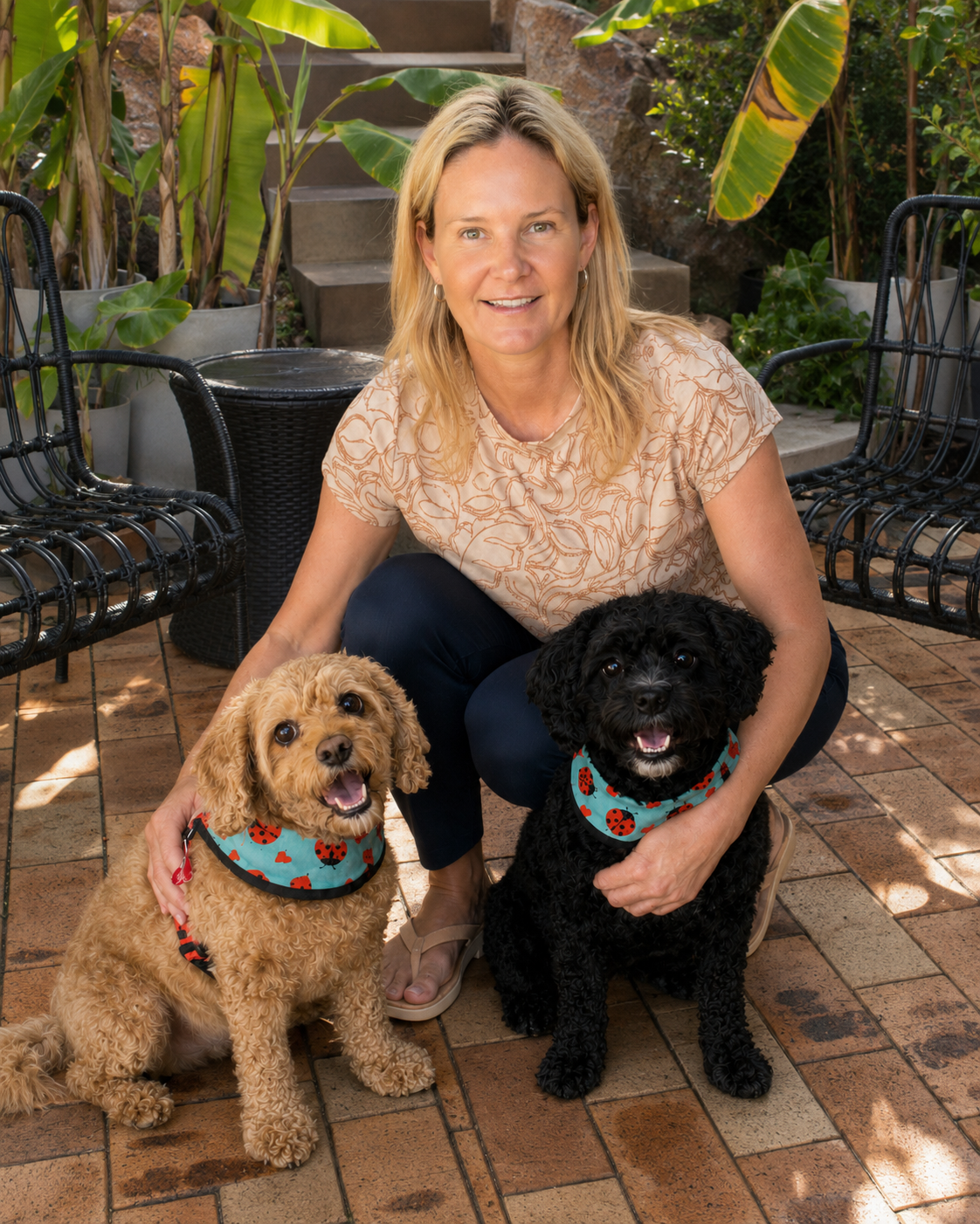 A woman with blonde hair wearing a beige shirt with a line drawing pattern, squatting on a brick patio with two small curly-haired dogs, one with light tan fur and the other with black fur, both wearing colorful bandanas with ladybug patterns, surrounded by green plants and outdoor furniture.