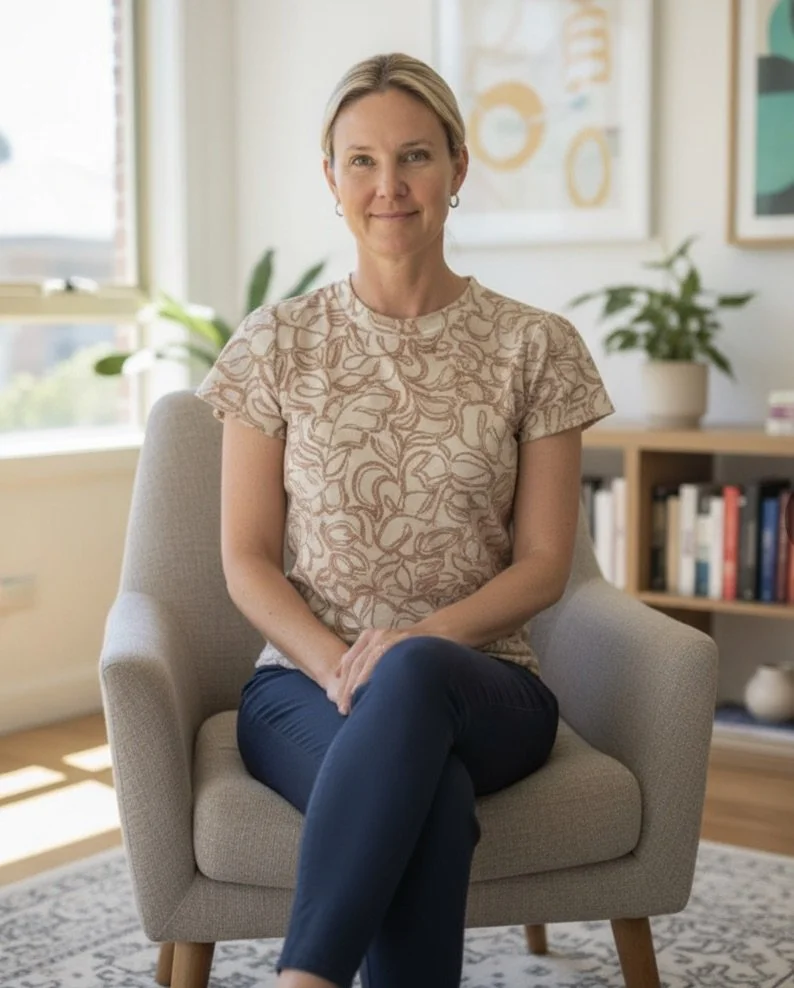 A woman sitting on a beige armchair in a living room, with a bookshelf, plants, and wall art in the background.