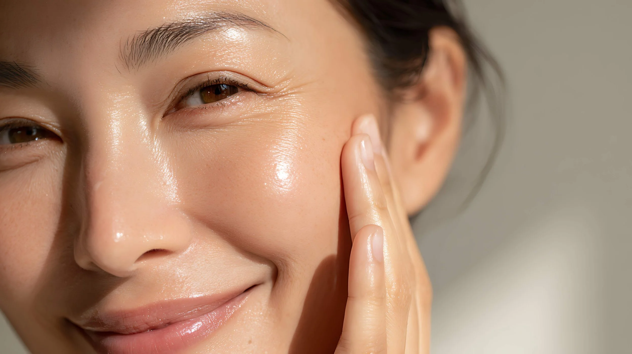 Close-up of a woman gently touching her face near her eye, with clear, smooth skin and natural makeup, smiling softly.