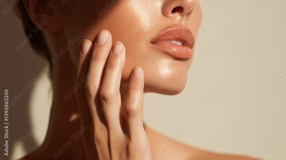 Close-up of a woman touching her cheek with her fingers, showing smooth skin and full lips.
