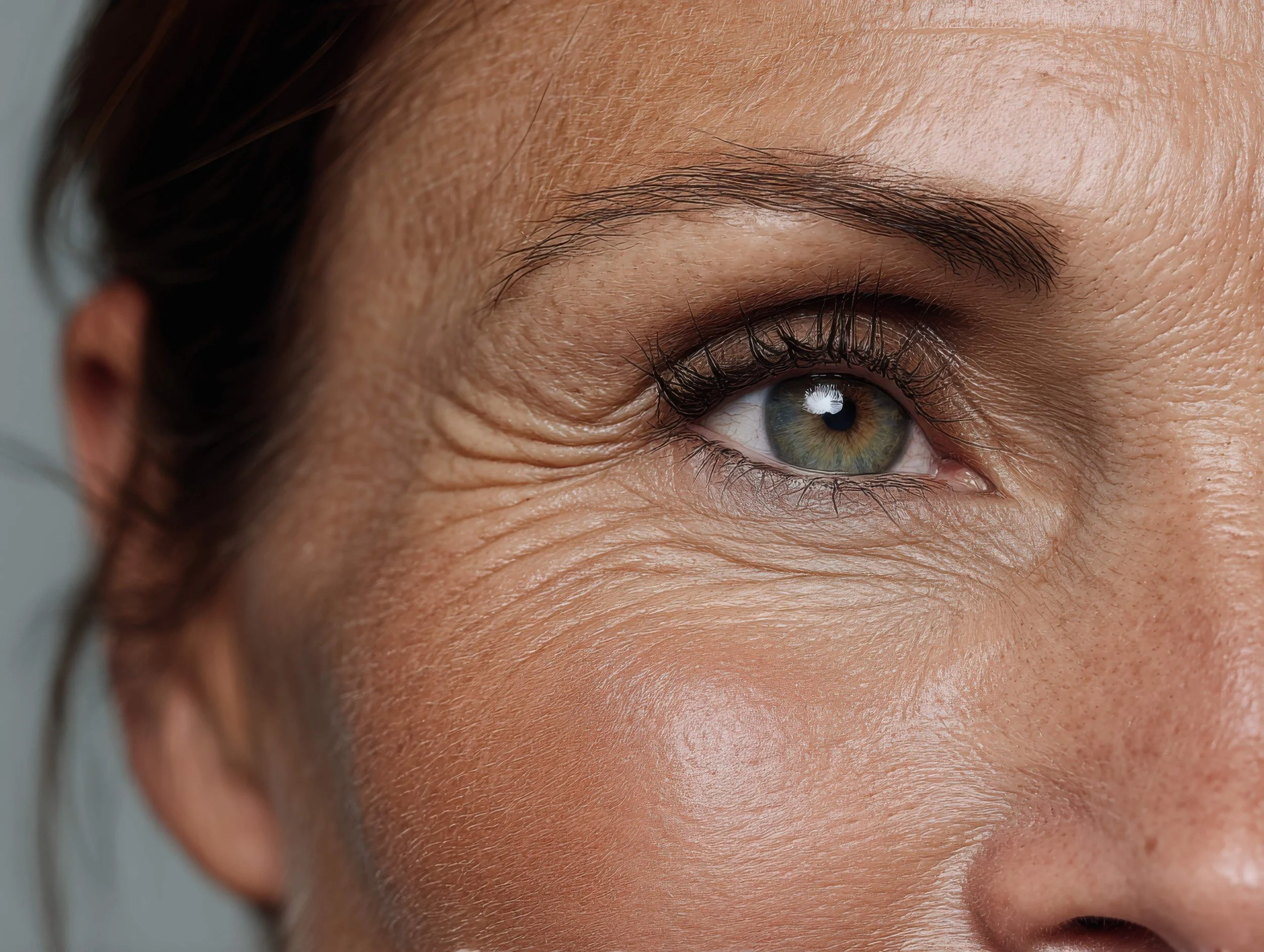 Close-up of a woman's eye with detailed skin texture and brown eyebrows. She shows signs of skin ageing; fine lines and volume loss.