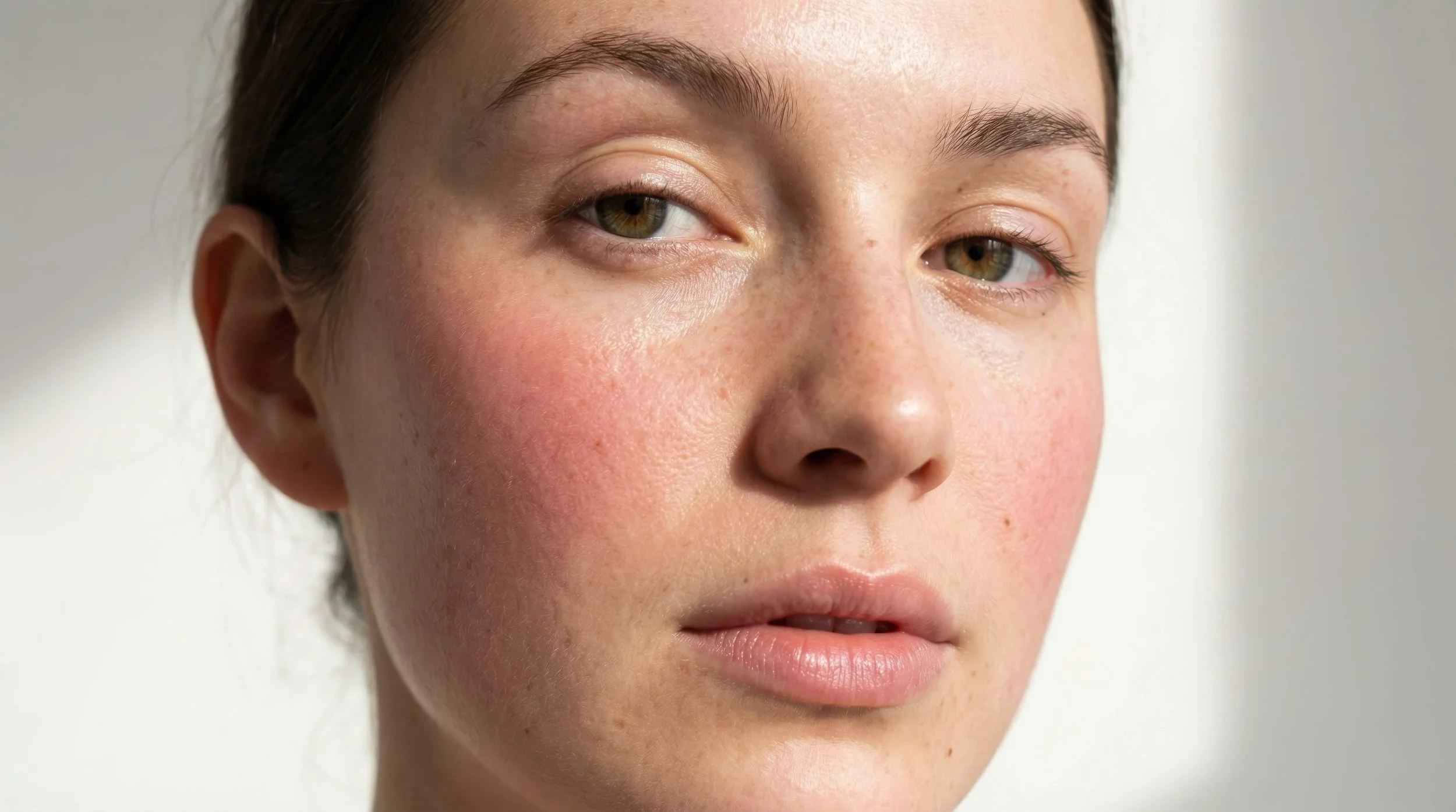 Close-up of a woman's face, showing her with minimal makeup, clear skin, freckles, and light brown hair pulled back.