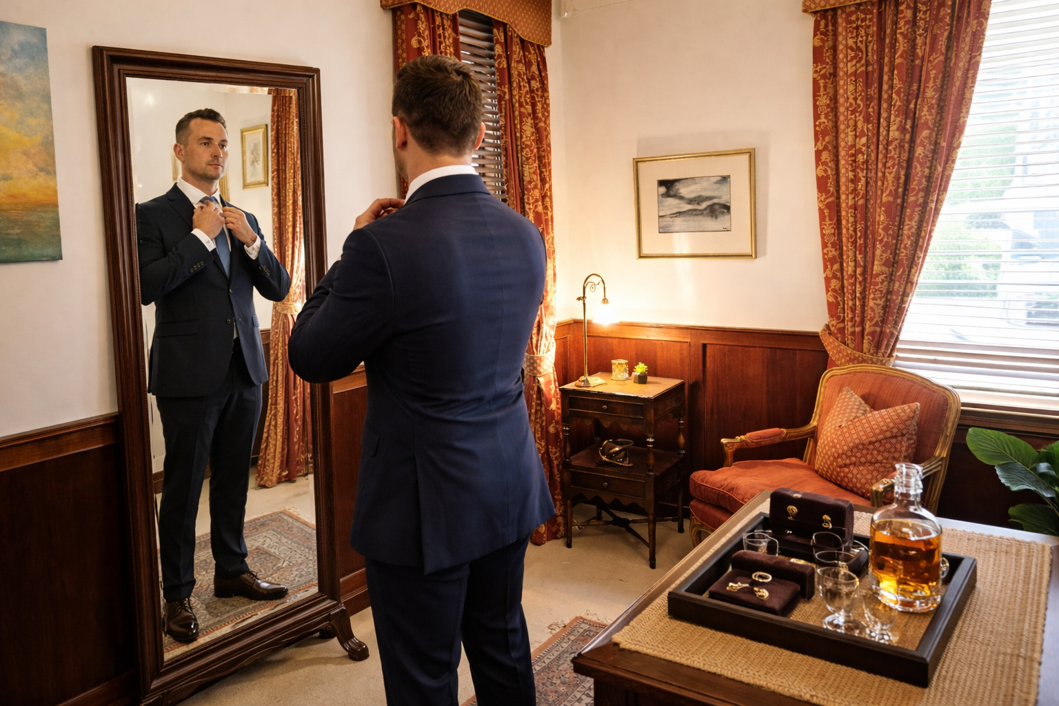Man dressed in a suit adjusting his tie in front of a full-length mirror, while another man in a suit watches him.