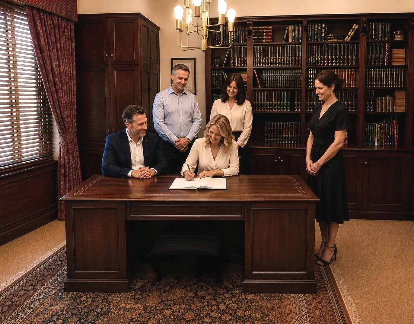 A bride signs the marriage register while her groom, celebrant and two witnesses look on in The Library at The Elopement House in Templestowe, Melbourne. This elegant indoor space is ideal for legal wedding ceremonies and intimate elopements.