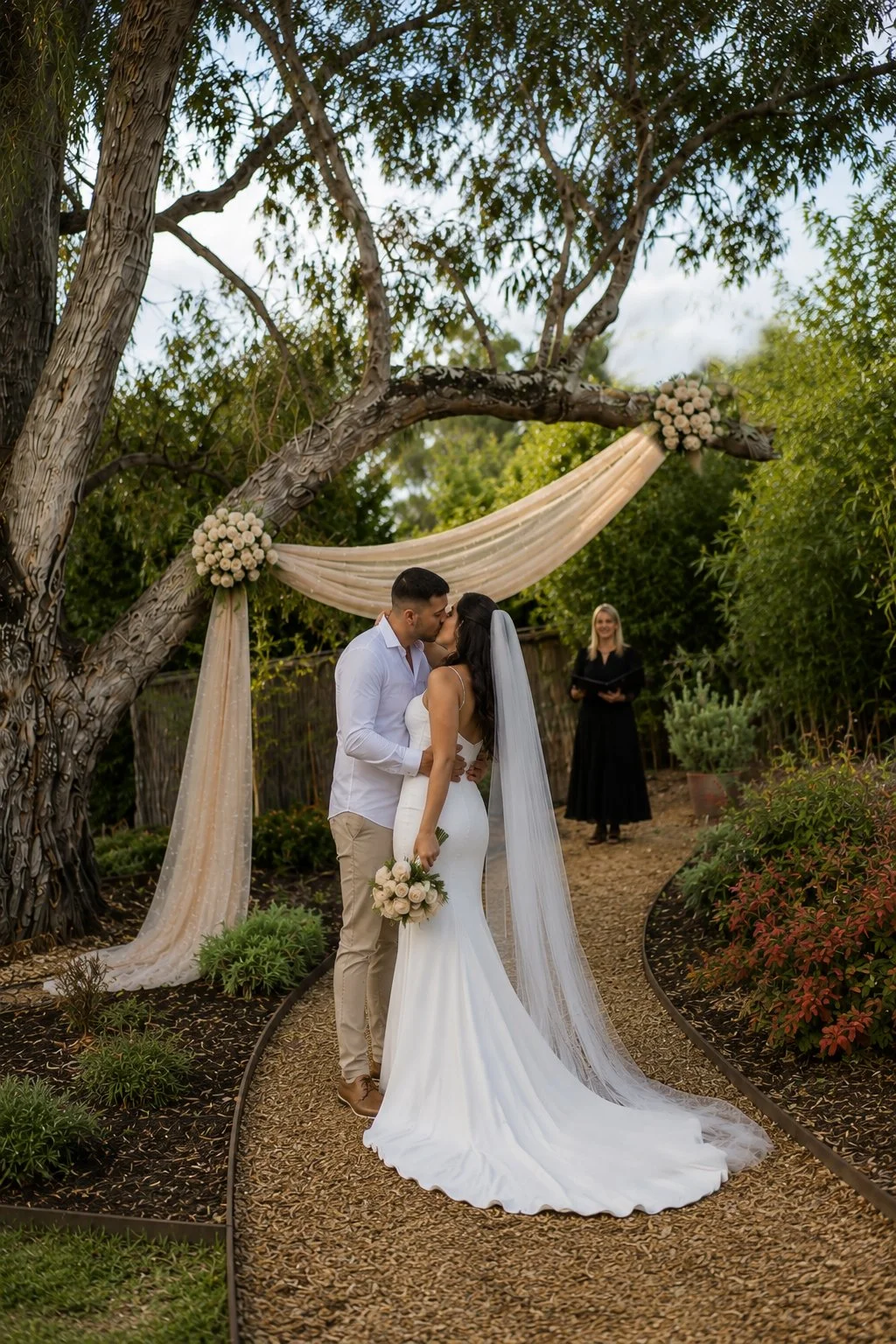 Couple sharing their first kiss during an intimate outdoor wedding ceremony beneath the Heritage Tree at The Elopement House Templestowe.