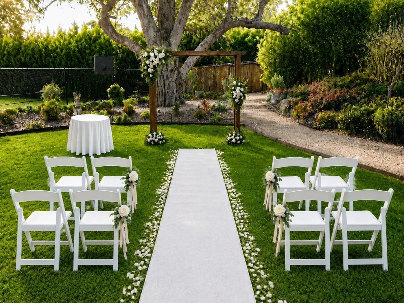 ceremony set up for The Heritage Tree gardens under a decorated floral arch at an outdoor wedding ceremony.