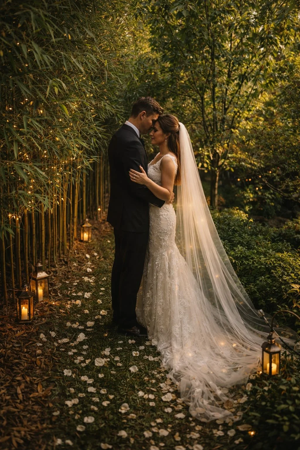 twilight portrait of the newly married couple among our bamboo forest
