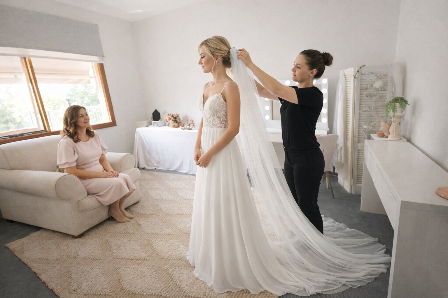 A bride in a white wedding dress with lace bodice stands in a bedroom, getting her veil adjusted by a woman in black. A woman in pink attire sits on a beige sofa, watching the bride. The room has a large window, a white dresser, and a table with shoe