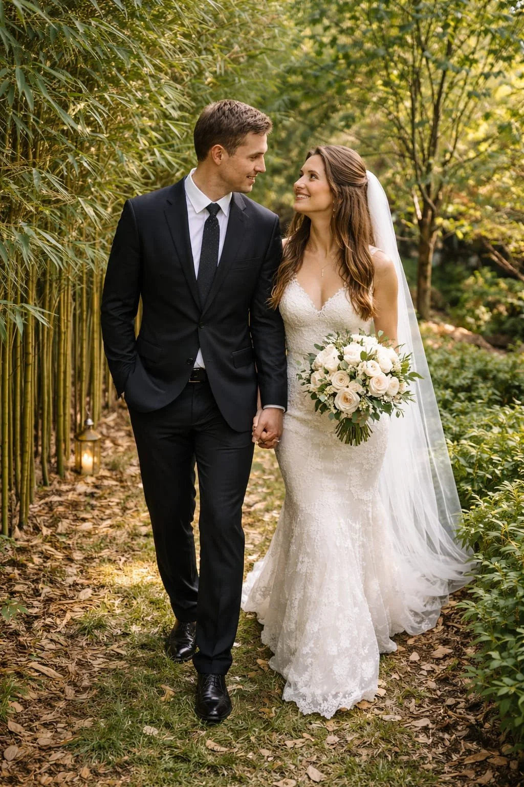 A bride and groom walking hand in hand outdoors in a garden, smiling at each other. The bride is in a white lace wedding gown holding a bouquet of white roses. The groom is in a black suit with a white shirt and black tie. The background features gre