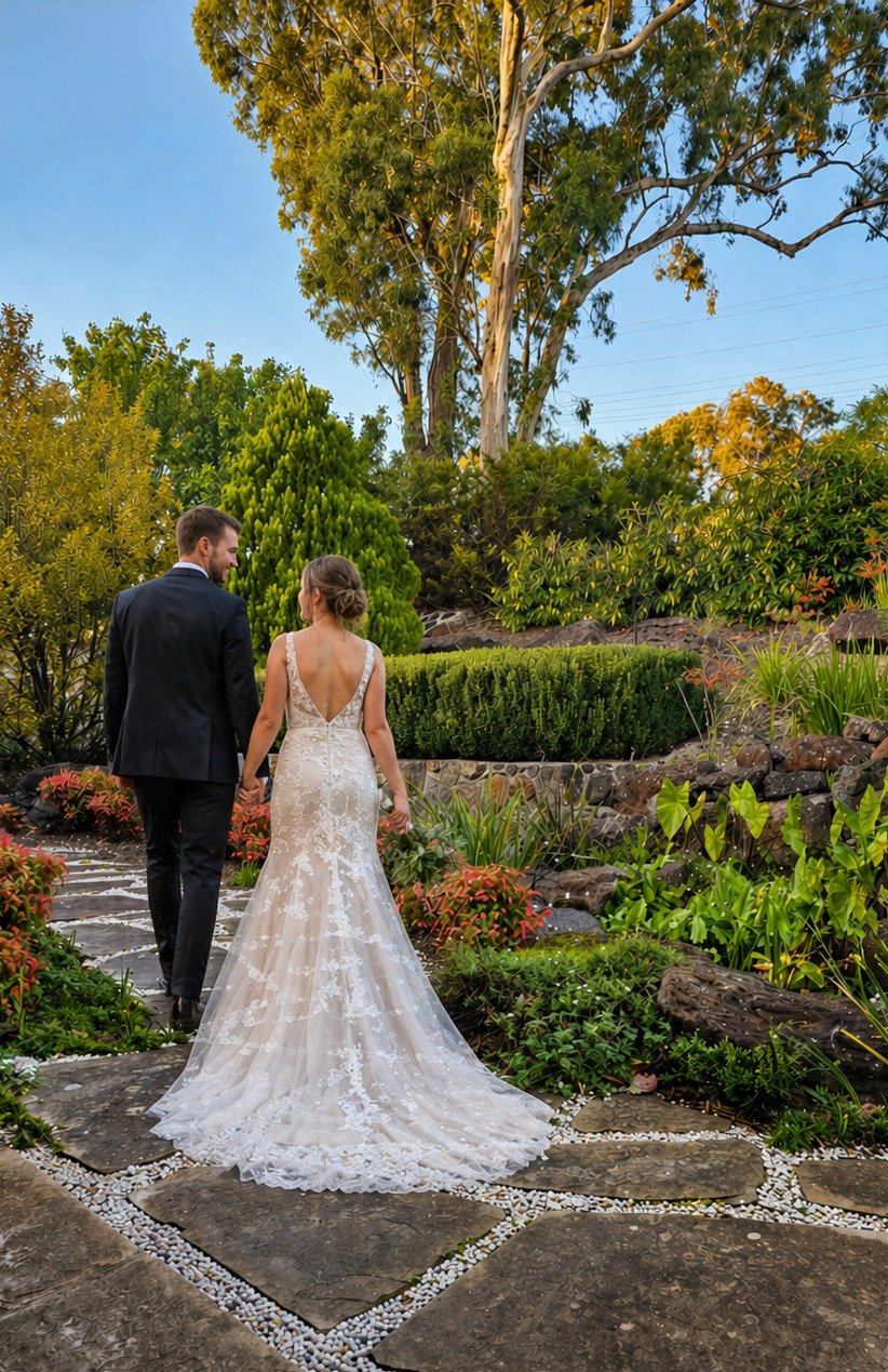 bride and groom enjoying the grounds at The Elopement House Templestowe