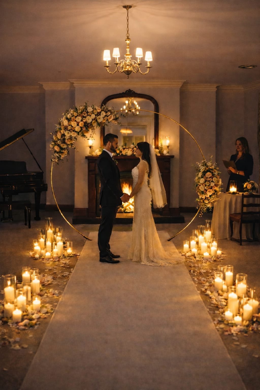 candlelight room with bride and groom