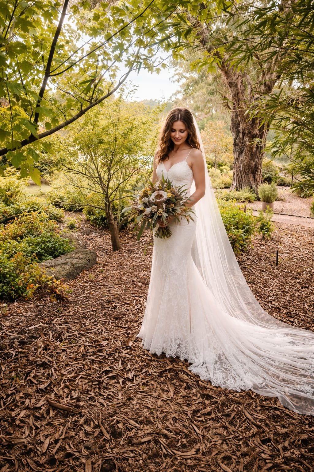 A bride in a white wedding dress holding a bouquet, standing on a wooded path.
