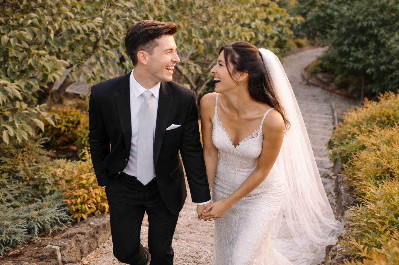 Happy bride and groom holding hands and laughing on a garden path