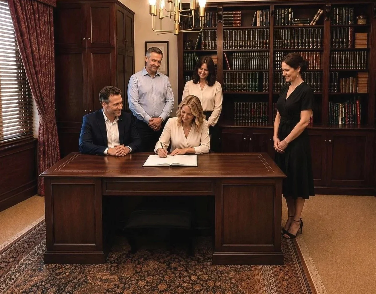 Couple signing their marriage documents with celebrant and witnesses in the Library at The Elopement House Templestowe.